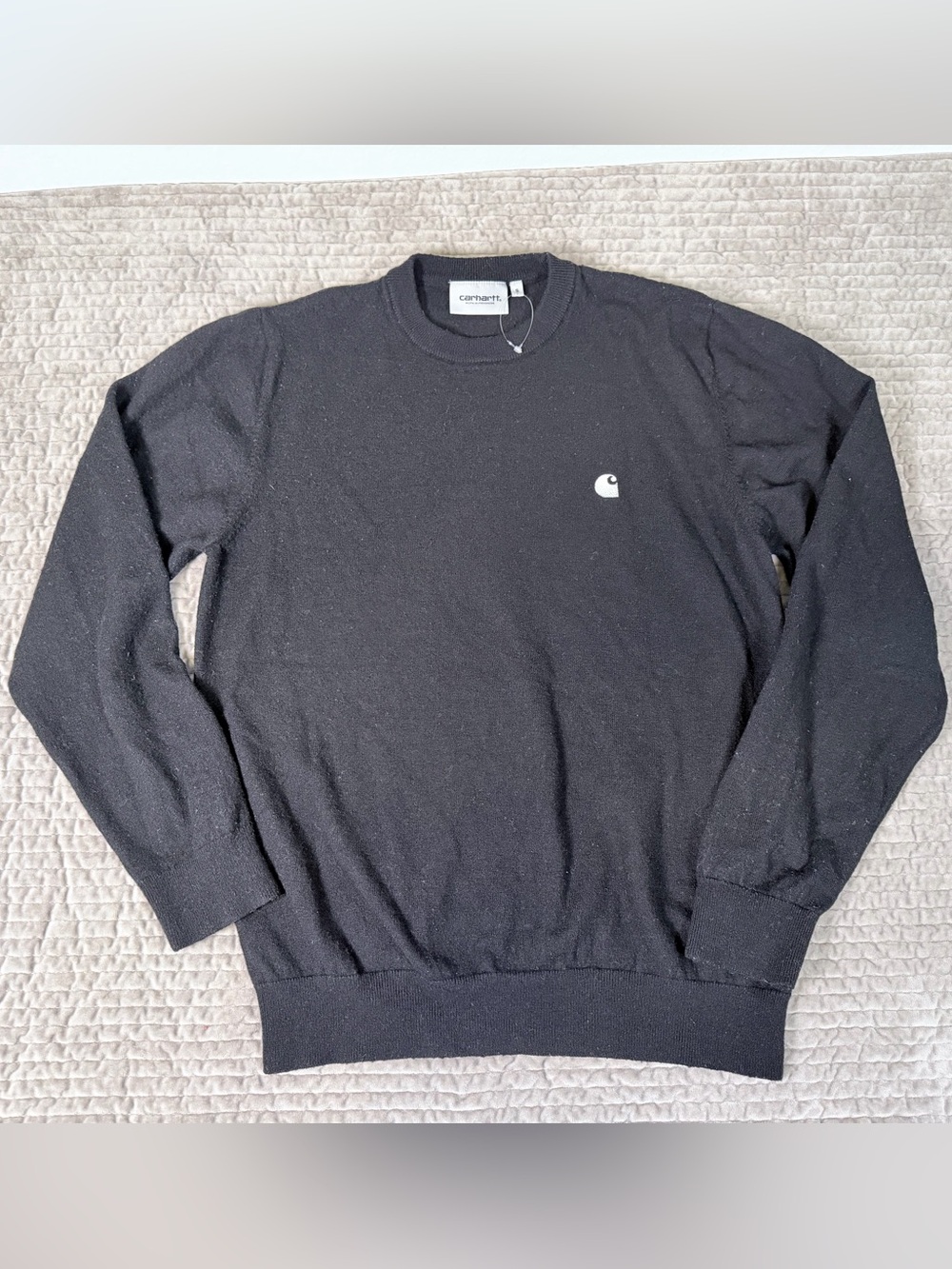 CARHARTT‎ WIP Madison Sweater Men's Small Black Merino Lambs Wool Blend Crewneck - Picture 2 of 6